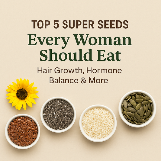 Top 5 Super Seeds Every Woman Should Eat – flax, chia, sesame, and pumpkin seeds in white bowls with a sunflower on a beige background; benefits for hair growth and hormone balance.