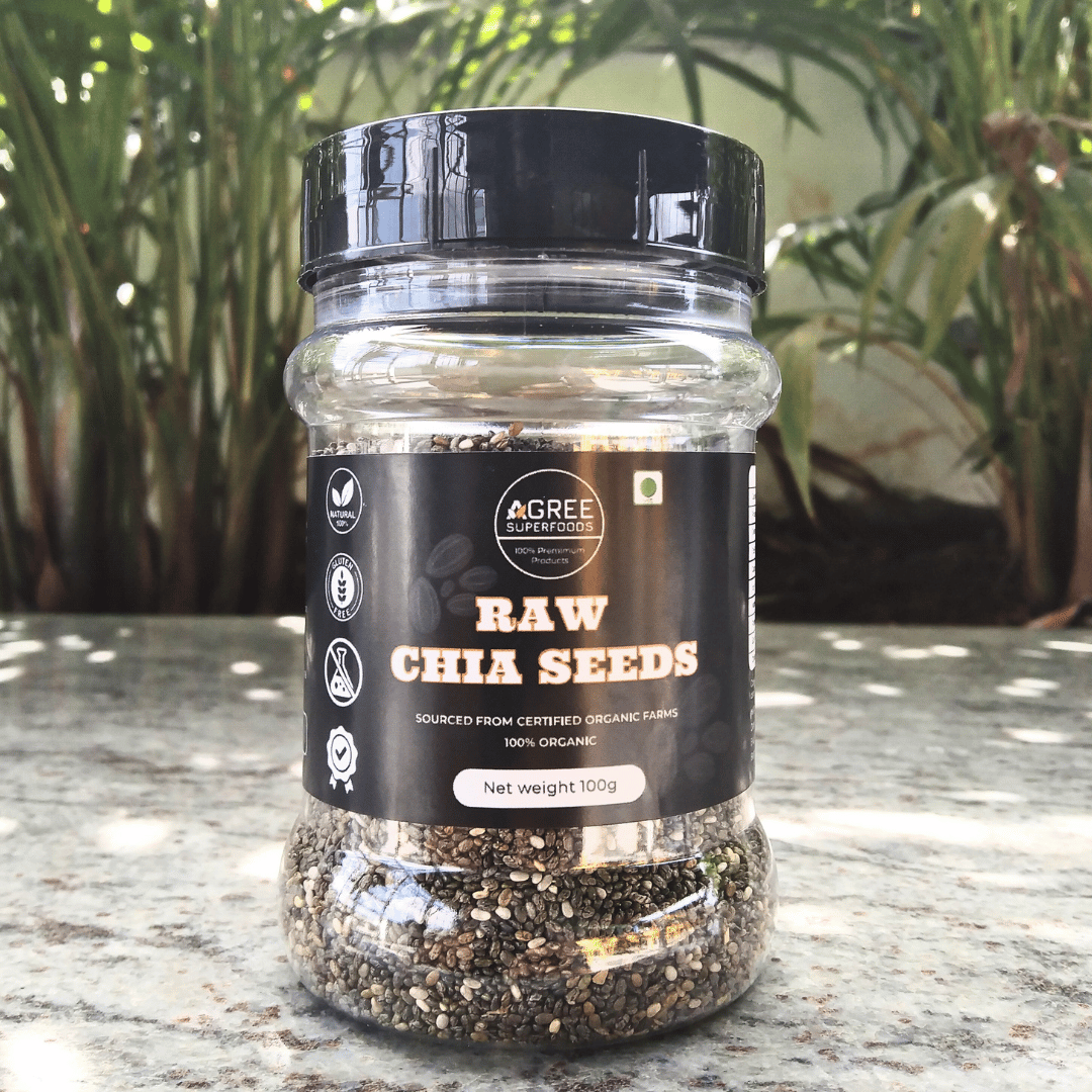 Premium Raw Chia Seeds – 100g pack by Agree Superfoods – Top View